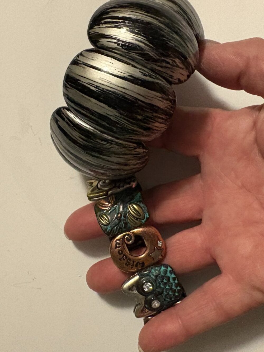 Lot of 2 Bracelets: Bangle Stretch Black & Silver Blend and Brass Multi-Tone Owl